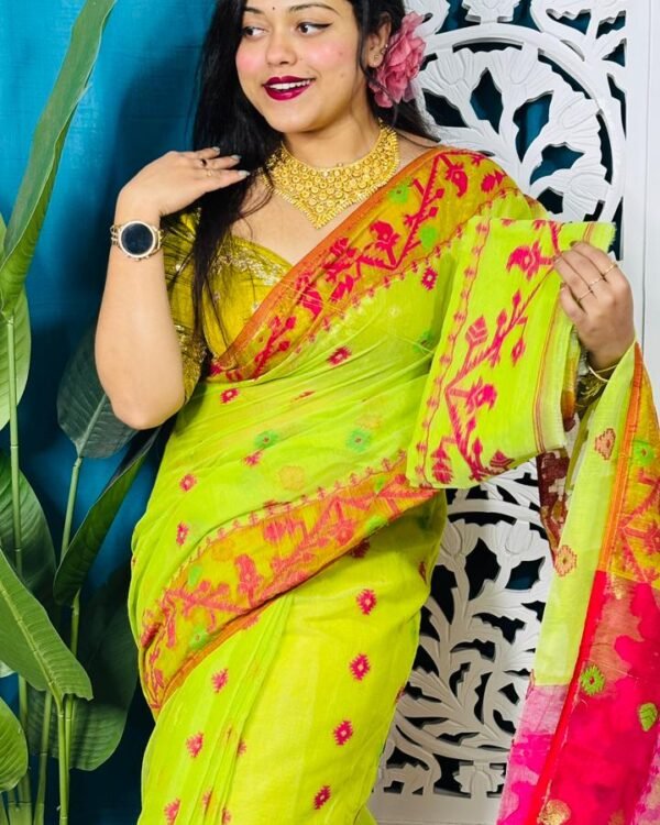 Bitter Lemon Korat Buti Soft Jamdani Sari With Blouse Piece