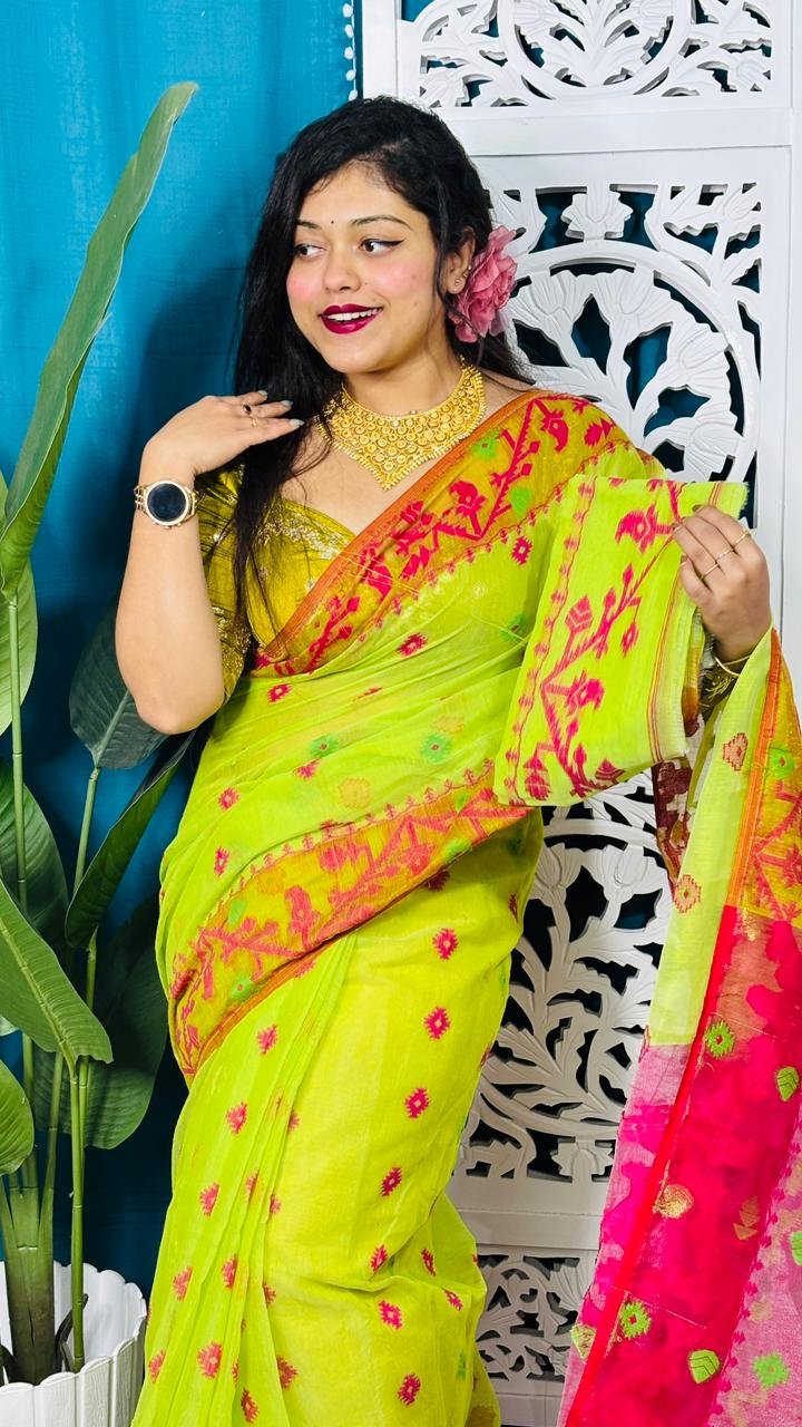 Bitter Lemon Korat Buti Soft Jamdani Sari With Blouse Piece