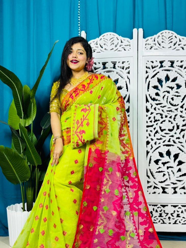 Bitter Lemon Korat Buti Soft Jamdani Sari With Blouse Piece