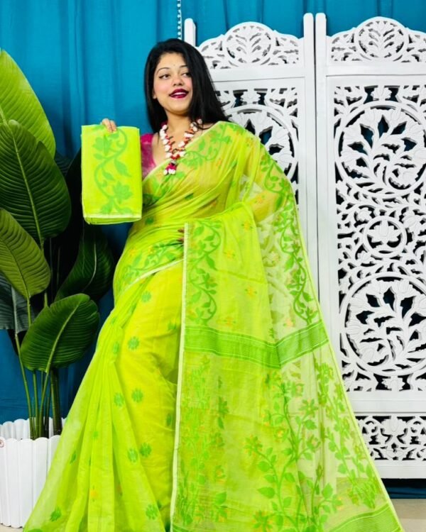 Bitter Lemon Soft Lota Jamdani Sare With Blouse Piece