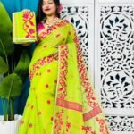 Bitter Lemon Soft Lota Jamdani Sari With Blouse Piece