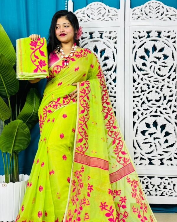 Bitter Lemon Soft Lota Jamdani Sari With Blouse Piece