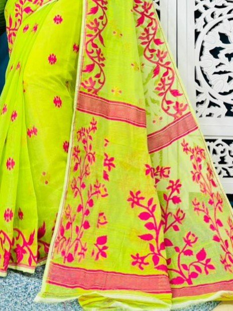 Bitter Lemon Soft Lota Jamdani Sari With Blouse Piece