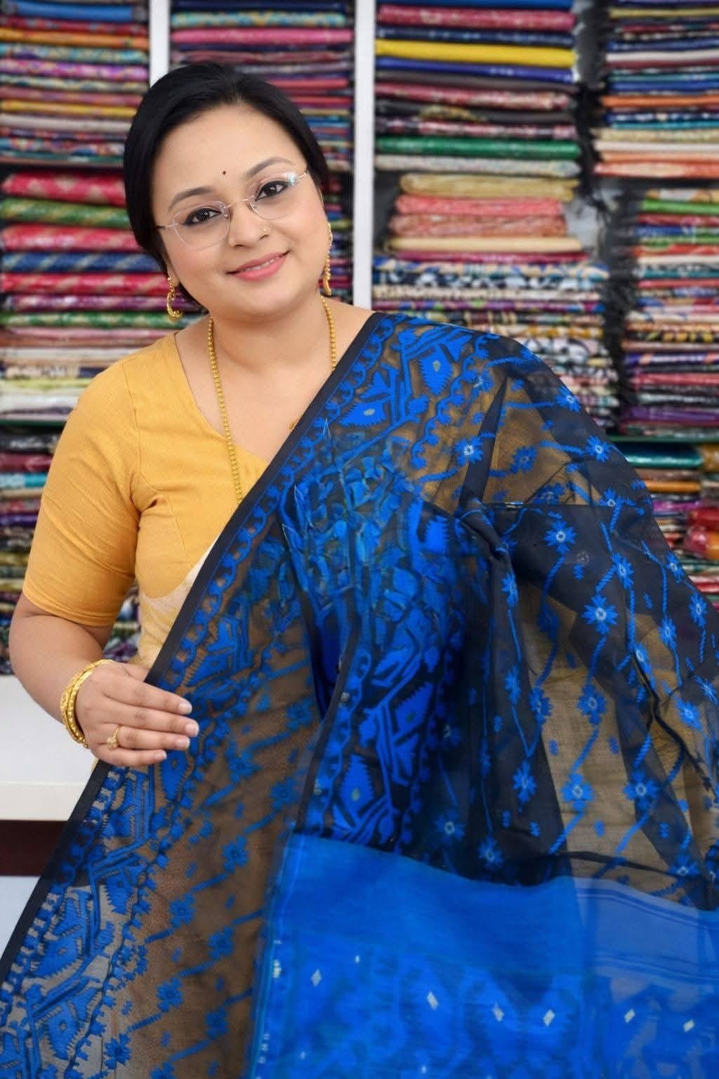 Black Soft Buti Jamdani Sari With Blouse Piece