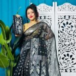 Black And Hit Grey Soft Golden Buti Jamdani Sari With Blouse Piece