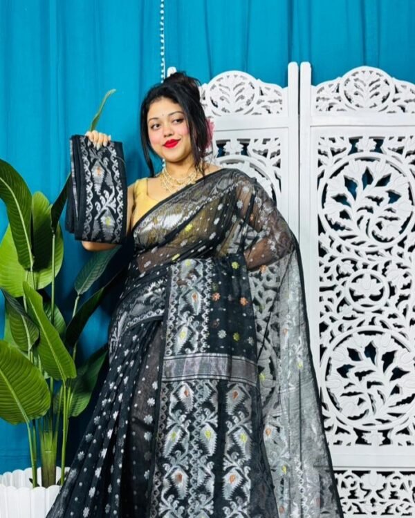 Black And Hit Grey Soft Golden Buti Jamdani Sari With Blouse Piece
