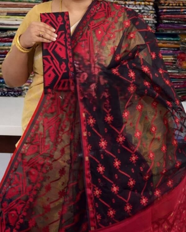 Black Soft Buti Jamdani Sari With Blouse Piece