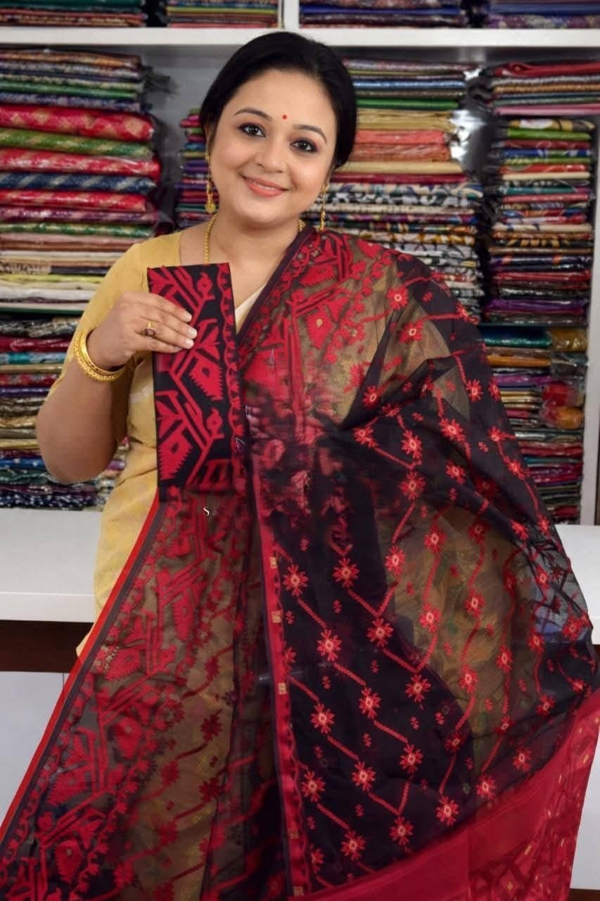 Black Soft Buti Jamdani Sari With Blouse Piece