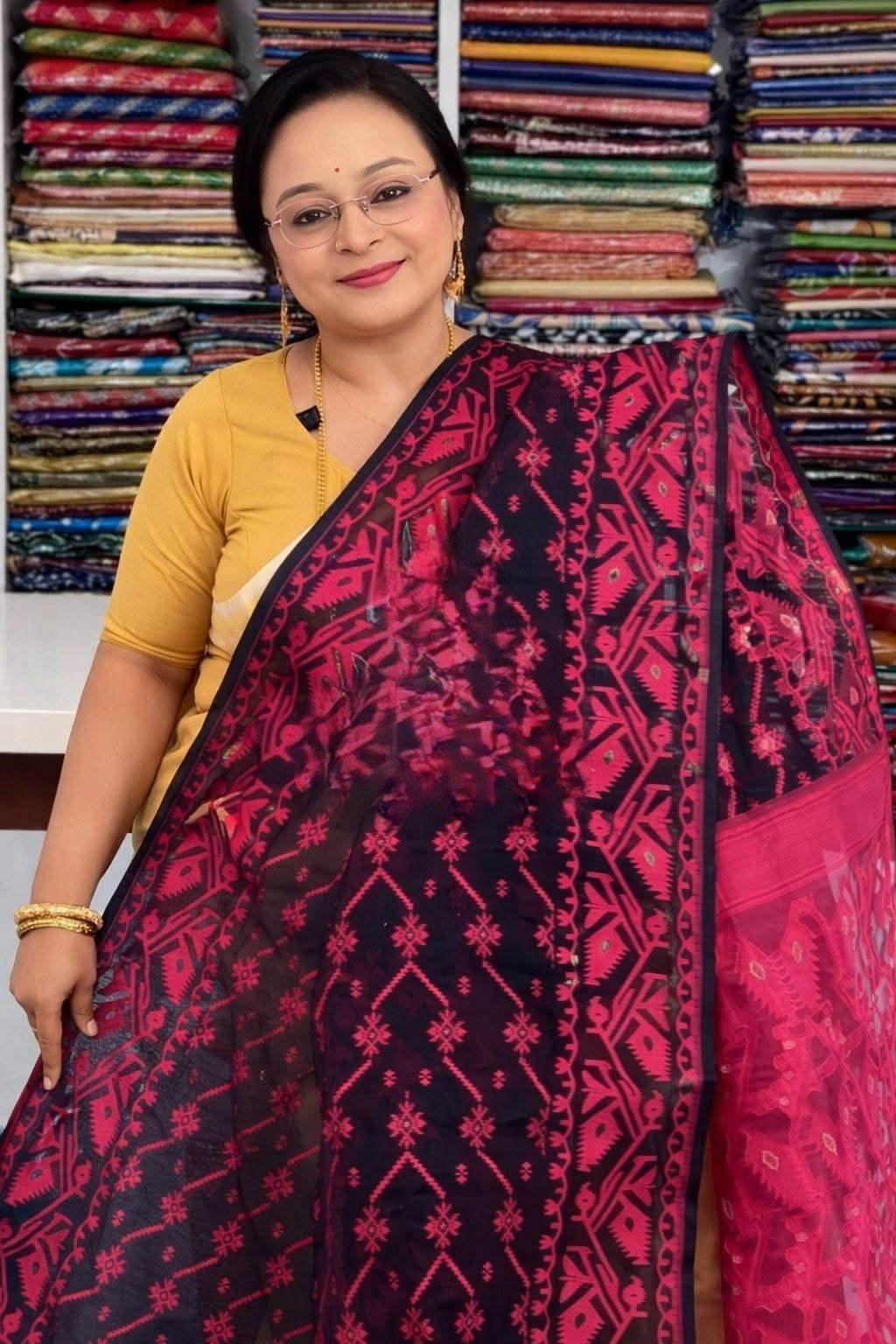 Black Soft Buti Jamdani Sari With Blouse Piece