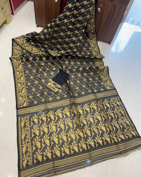 Black Soft Buti Karat Jamdani Sari With Blouse Piece