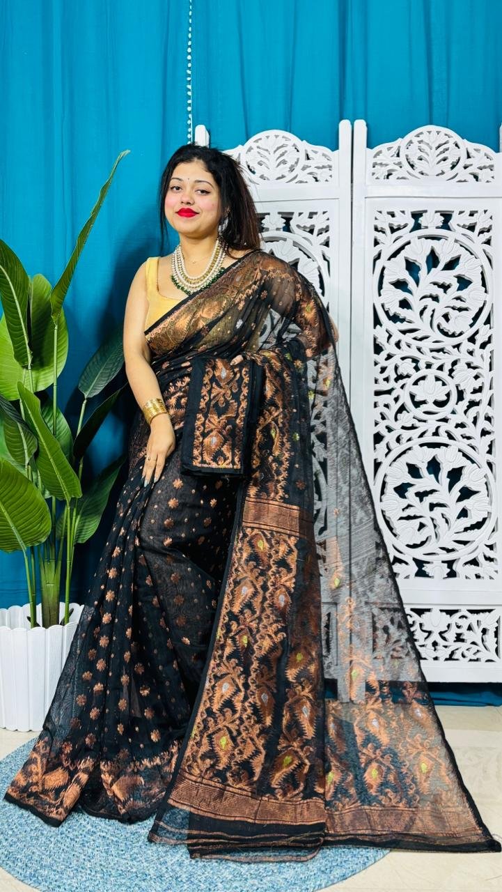 Black Soft Golden Buti Jamdani Sari With Blouse Piece
