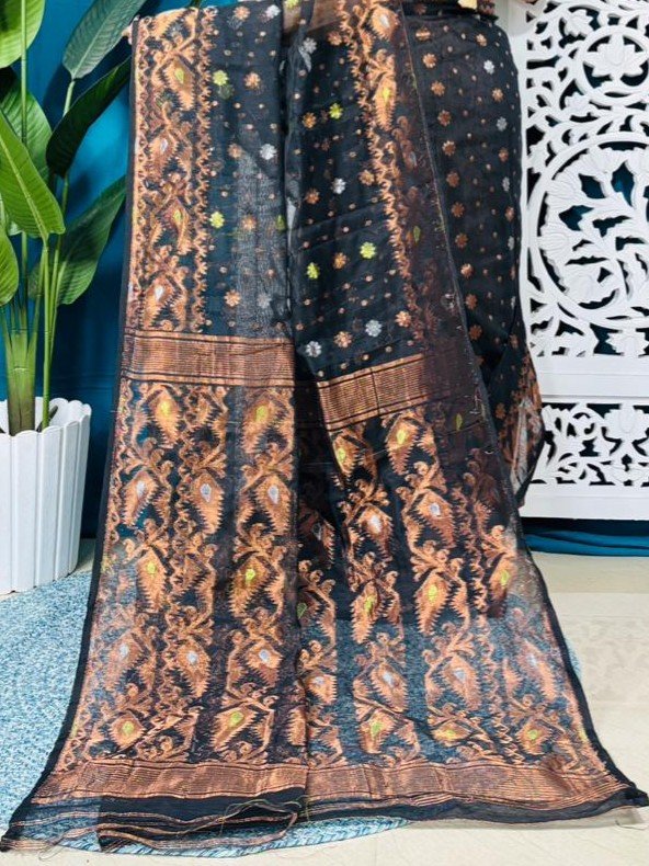 Black Soft Golden Buti Jamdani Sari With Blouse Piece