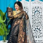 Black Soft Golden Buti Jamdani Sari With Blouse Piece