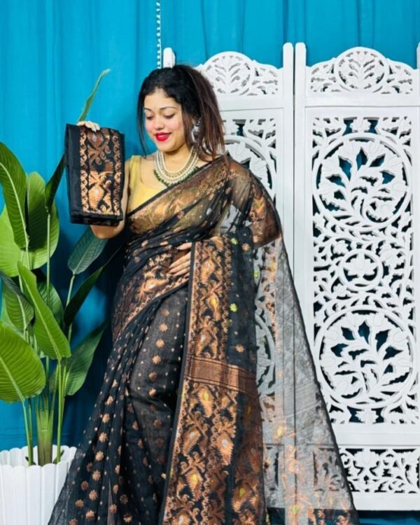 Black Soft Golden Buti Jamdani Sari With Blouse Piece