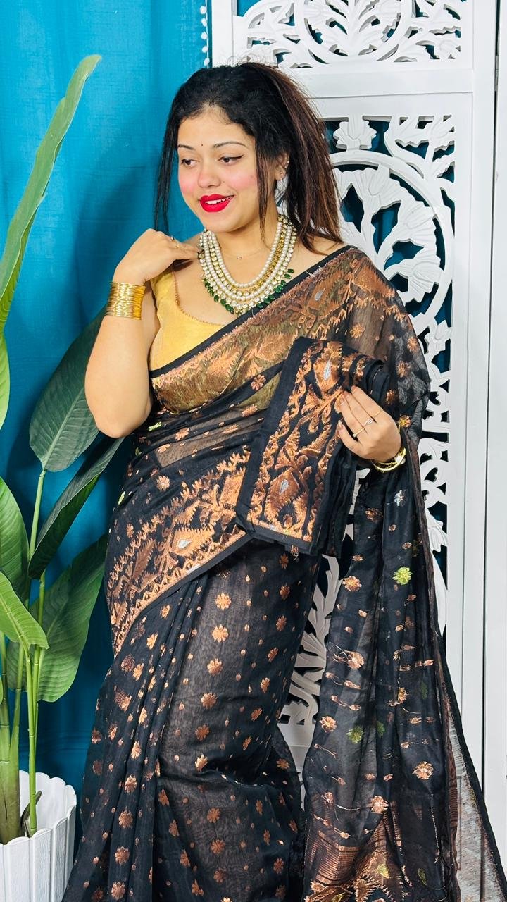 Black Soft Golden Buti Jamdani Sari With Blouse Piece