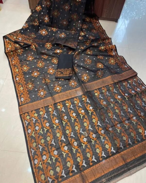 Black Soft Joriwork Jamdani Sari With Blouse Piece