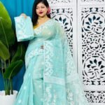 Blue Hosta Soft Lota Jamdani Sari With Blouse Piece