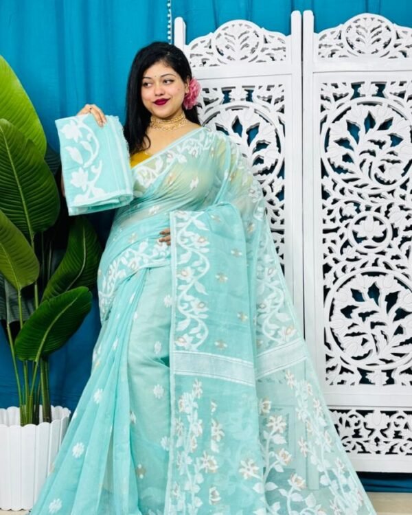 Blue Hosta Soft Lota Jamdani Sari With Blouse Piece