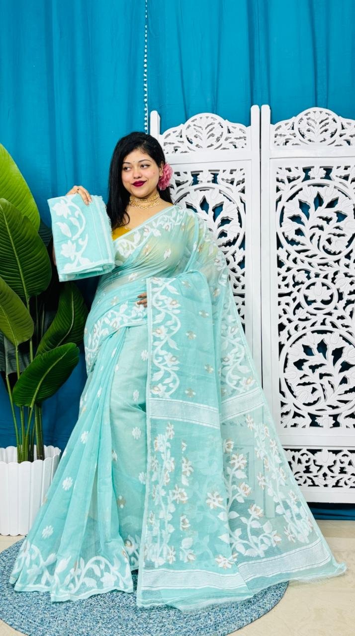 Blue Hosta Soft Lota Jamdani Sari With Blouse Piece