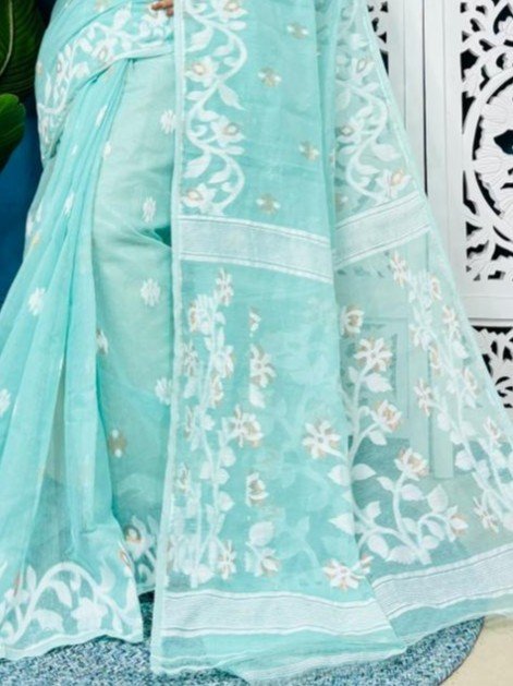 Blue Hosta Soft Lota Jamdani Sari With Blouse Piece