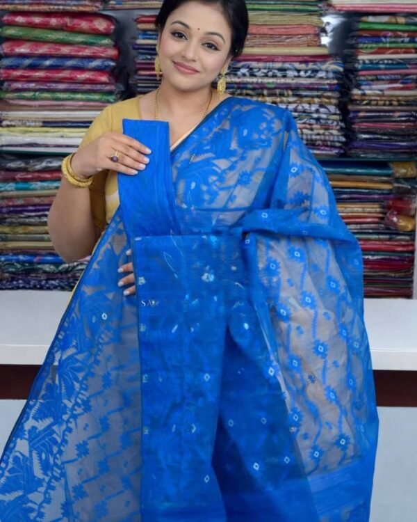 Blue Soft Buti Jamdani Sari With Blouse Piece