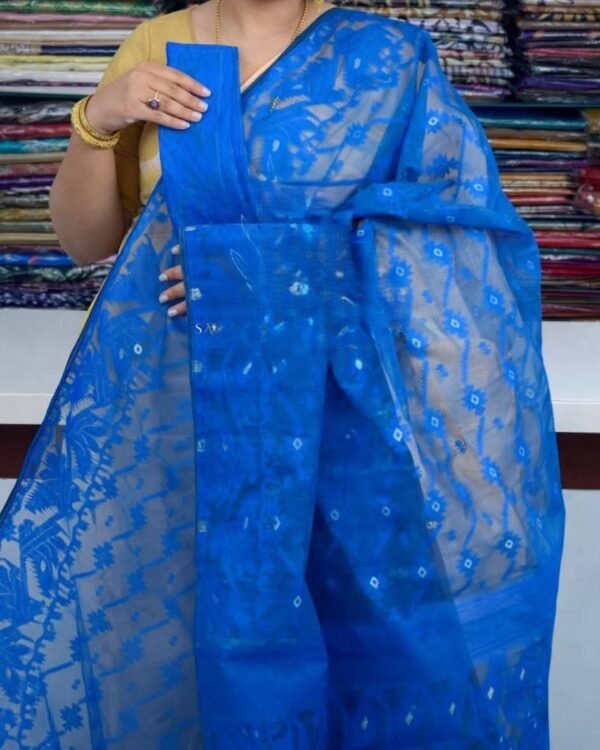 Blue Soft Buti Jamdani Sari With Blouse Piece