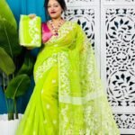 Bright Olive Soft Lota Jamdani Sari With Blouse Piece