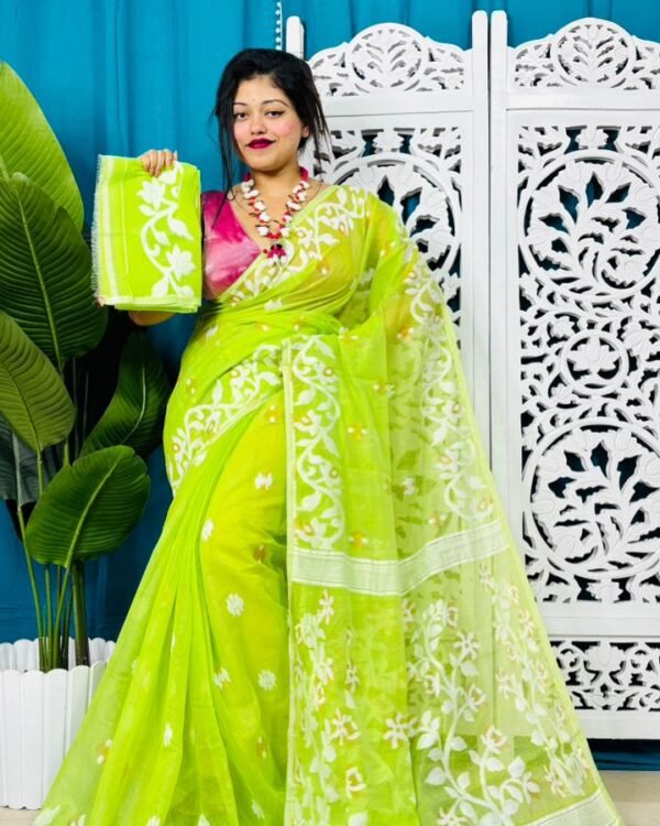Bright Olive Soft Lota Jamdani Sari With Blouse Piece