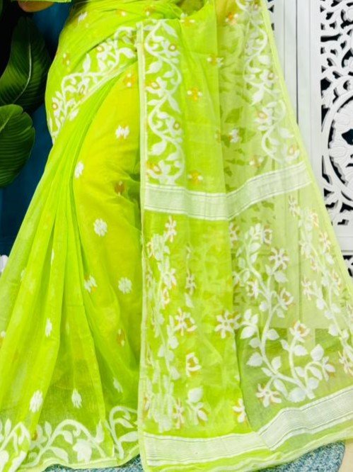 Bright Olive Soft Lota Jamdani Sari With Blouse Piece