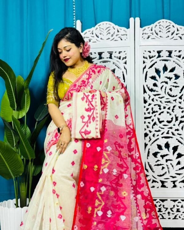 Cream Korat Buti Soft Jamdani Sari With Blouse Piece