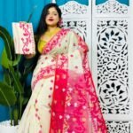 Cream Korat Buti Soft Jamdani Sari With Blouse Piece