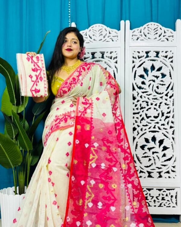 Cream Korat Buti Soft Jamdani Sari With Blouse Piece