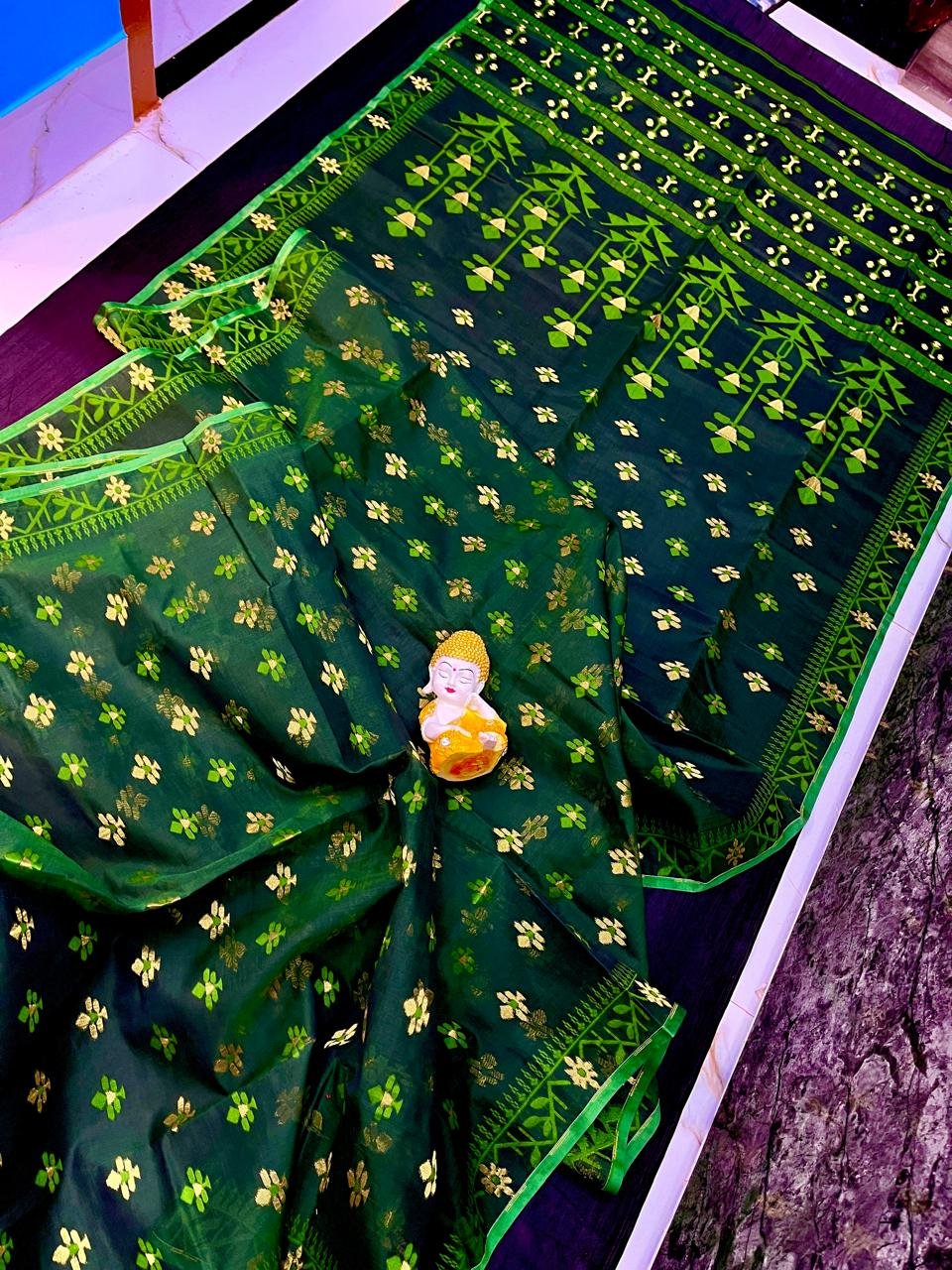 Dark Green Soft Dhakai Jamdani Sari