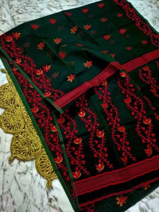 Dark Green Soft Lota Dhakai Jamdani Saree