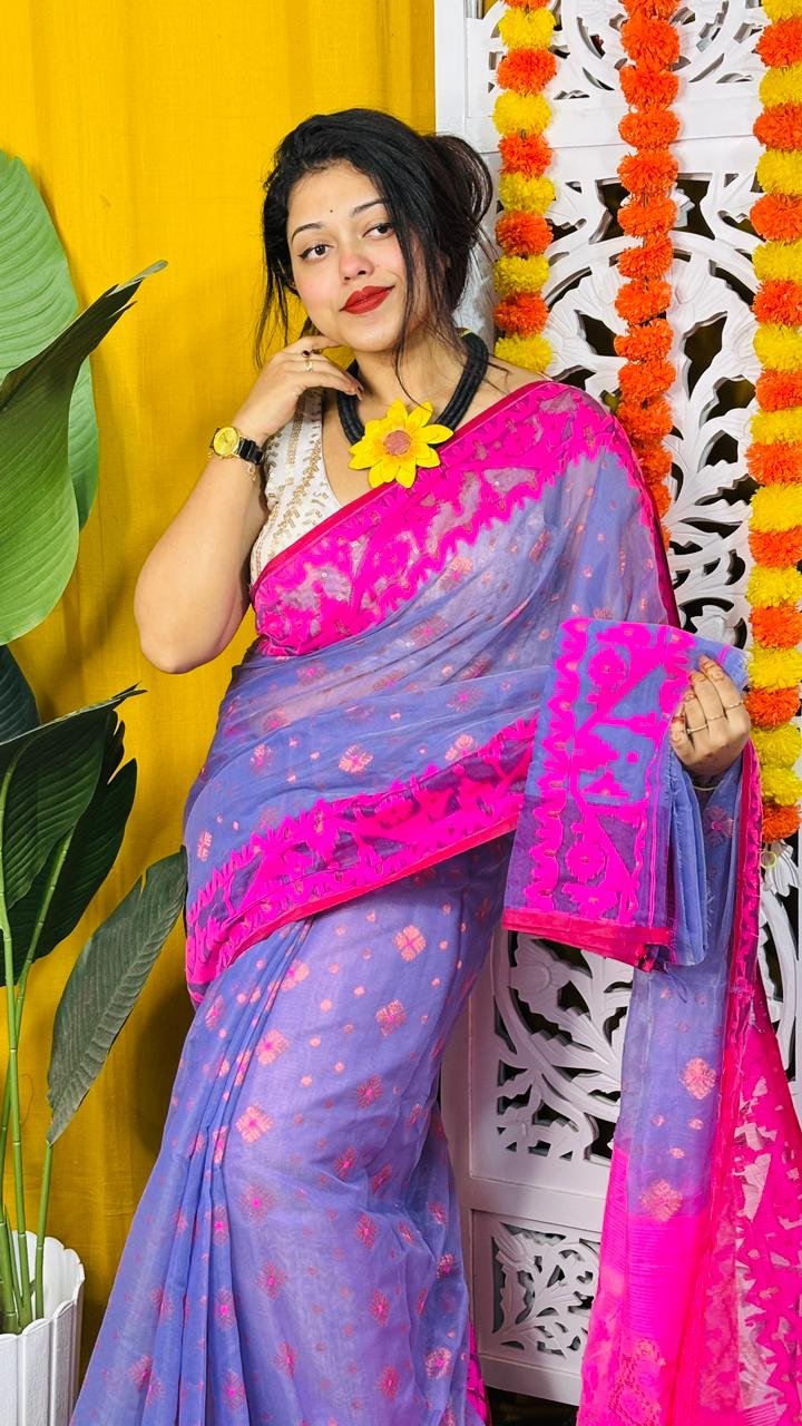 Dark Lavender Soft Dhakai Jamdani Saree