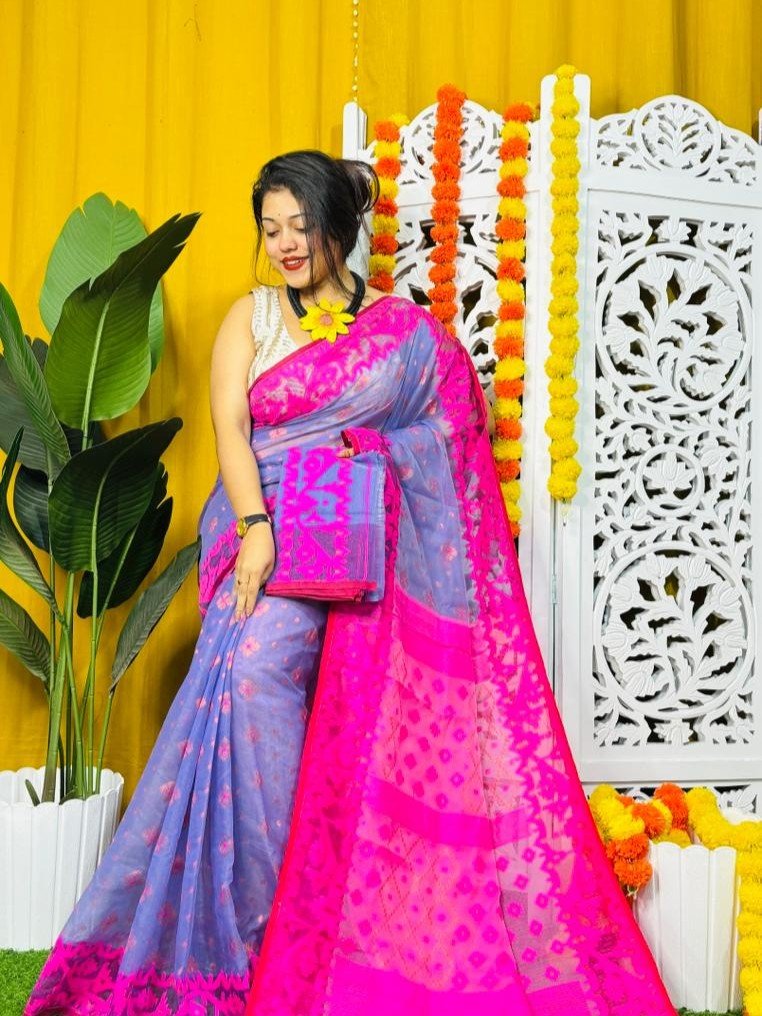 Dark Lavender Soft Dhakai Jamdani Saree