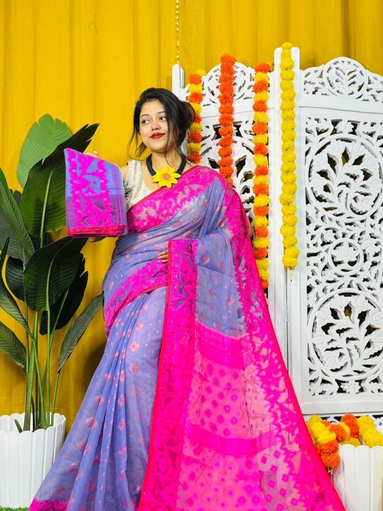 Dark Lavender Soft Dhakai Jamdani Saree