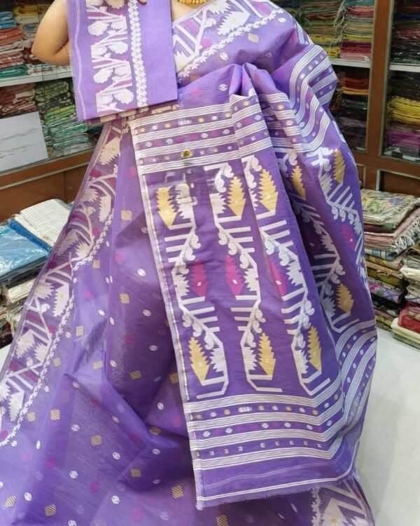 Dark Lavender Soft Dhakai Jamdani Sari With Blouse Piece