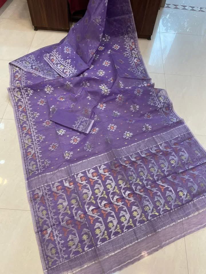 Dark Lavender Soft Joriwork Jamdani Sari With Blouse Piece