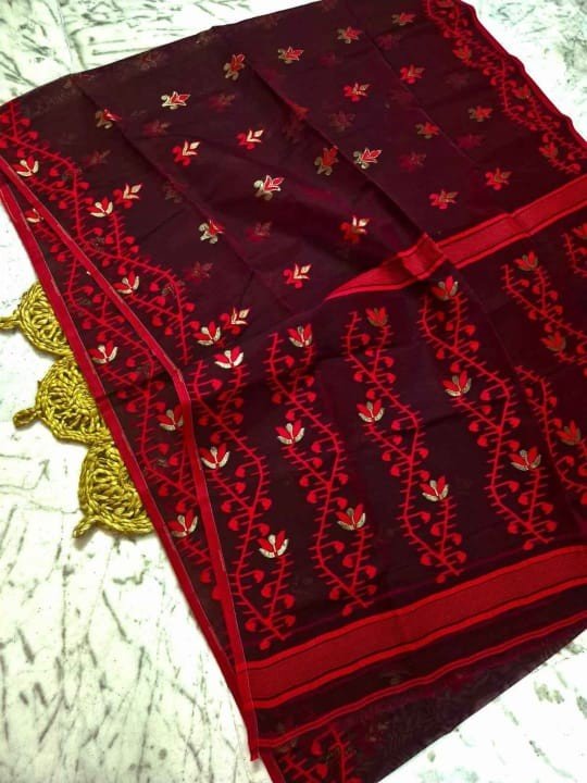 Dark Maroon Soft Lota Dhakai Jamdani Saree