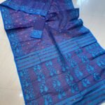 Dark Slate Blue Soft Buti Karat Jamdani Sari With Blouse Piece