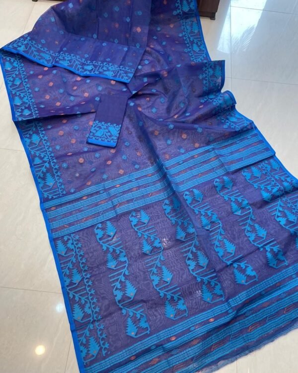Dark Slate Blue Soft Buti Karat Jamdani Sari With Blouse Piece