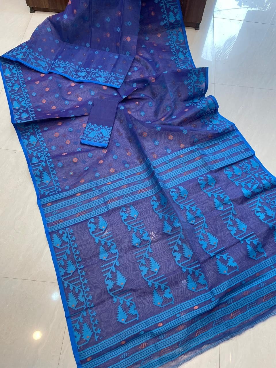 Dark Slate Blue Soft Buti Karat Jamdani Sari With Blouse Piece