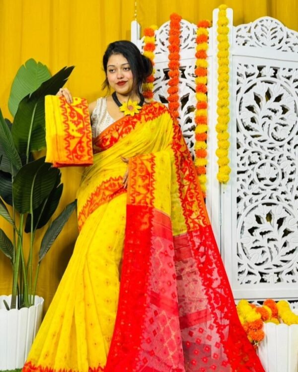 Dark Yellow Soft Dhakai Jamdani Saree