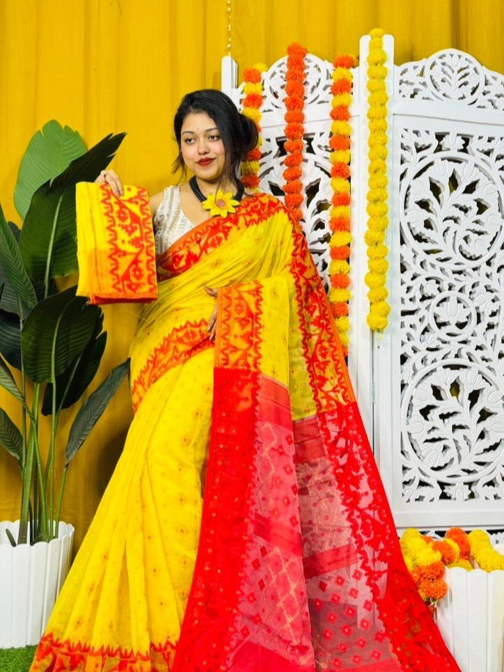 Dark Yellow Soft Dhakai Jamdani Saree