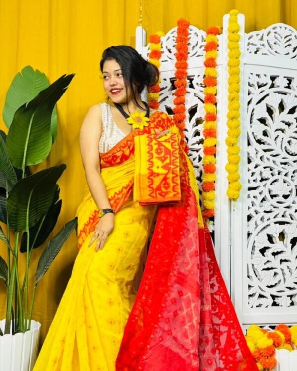 Dark Yellow Soft Dhakai Jamdani Saree