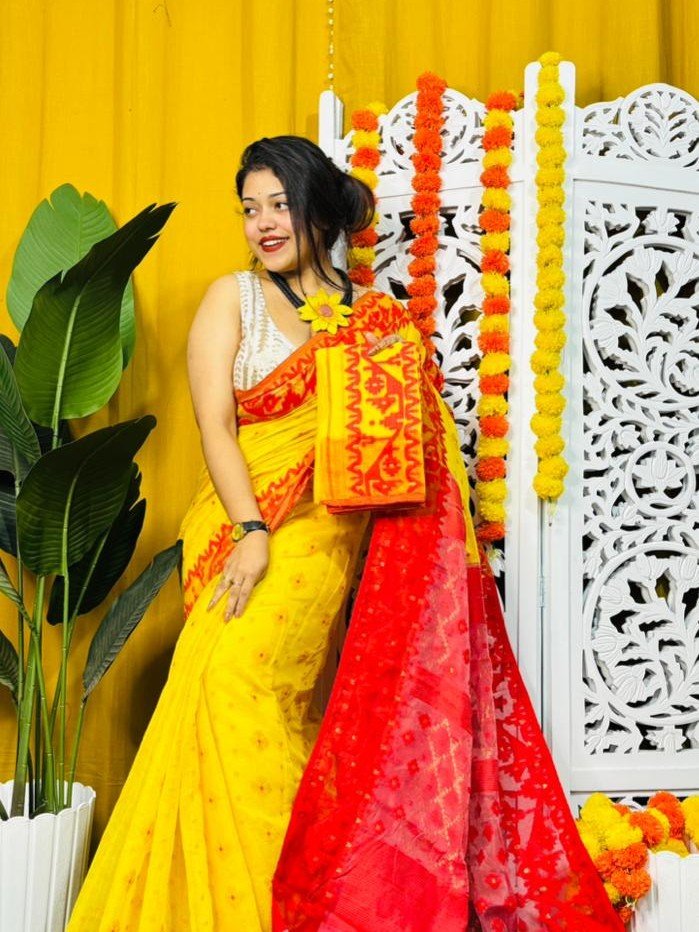 Dark Yellow Soft Dhakai Jamdani Saree