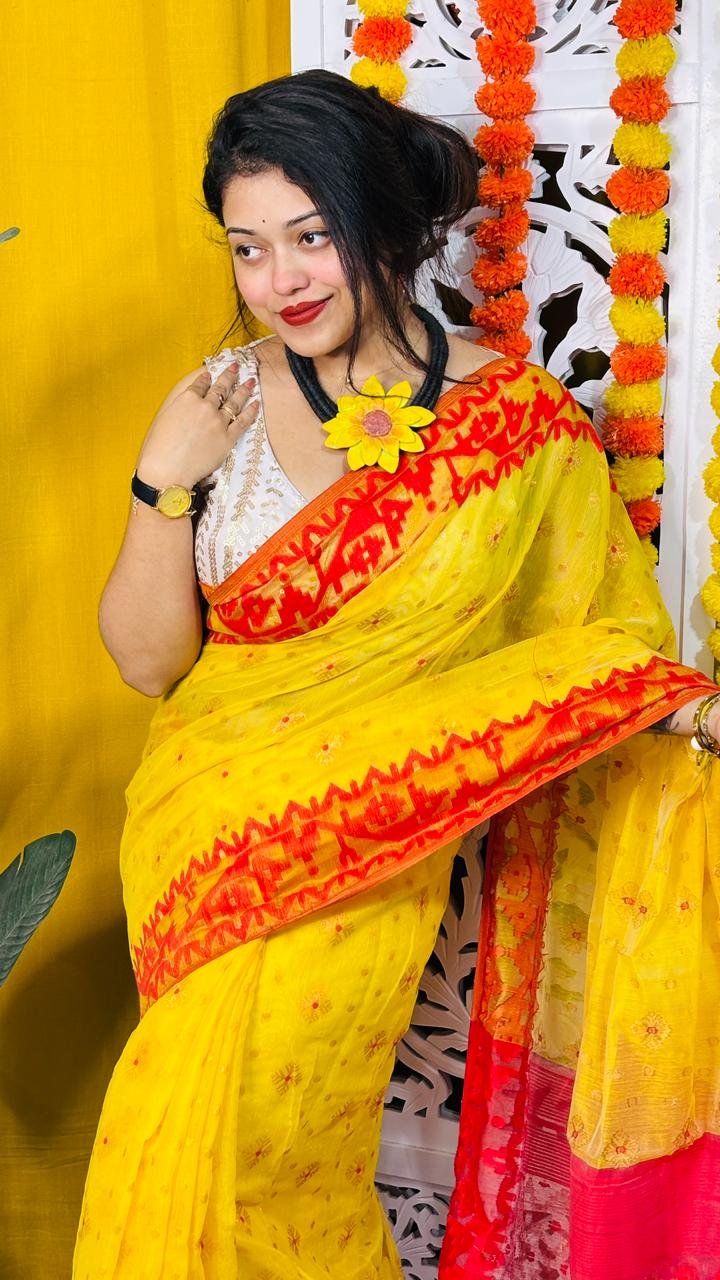 Dark Yellow Soft Dhakai Jamdani Saree