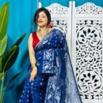 Deep Blue Soft Golden Buti Jamdani Sari With Blouse Piece