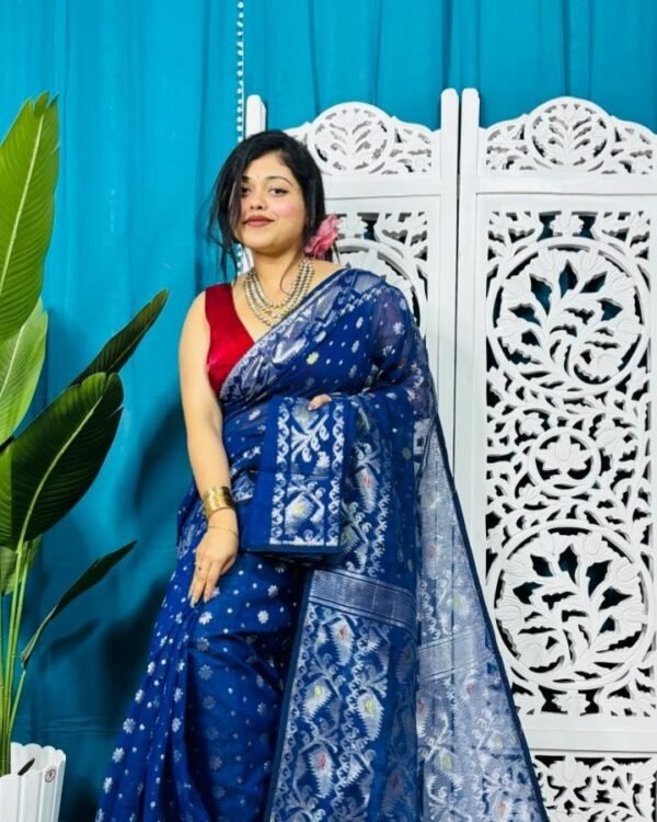 Deep Blue Soft Golden Buti Jamdani Sari With Blouse Piece